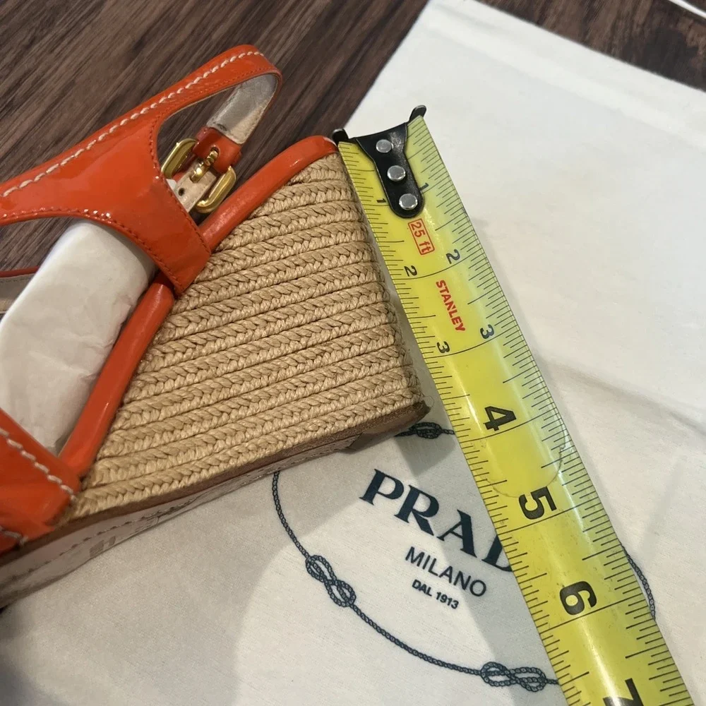 Prada Patent Leather Espadrille Wedge Sandals Size 37.5 Color Coral DETAILS
